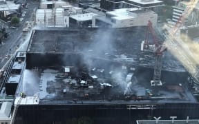 Aerial view of the roof of the International Convention Centre fire near SkyCity.
