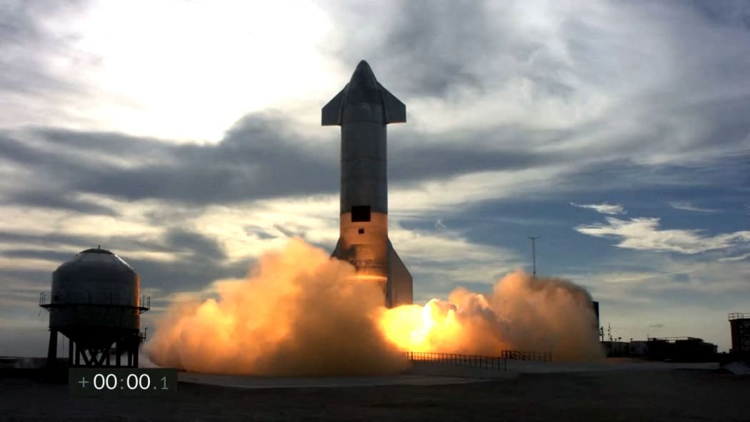 The Starship SN10 prototype during the second attempted test flight of the day at SpaceX's South Texas test facility near Boca Chica Village in Brownsville, Texas, March 3, 2021.