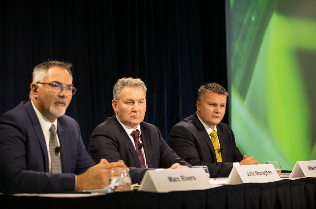 Fonterra's chief financial officer Marc Rivers (L), Chairman John Monaghan and interim chief executive Miles Hurrell.