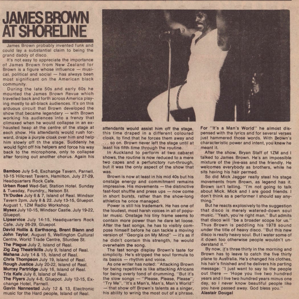 The Rip It UP review of the 1978 James Brown concert in Auckland.
