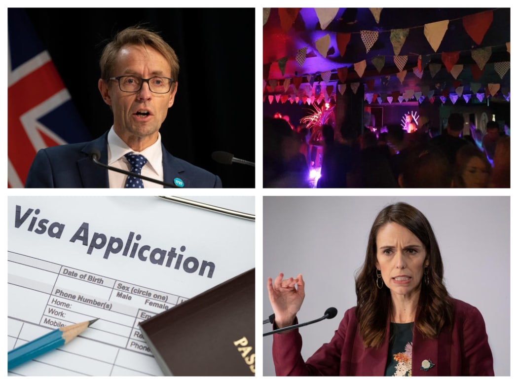 From top left, Dr Ashley Bloomfield, Whammy bar - a music venue struggling during due to Covid-19, Jacinda Ardern, and a visa application - Immigration NZ is today reported to be in disarray due to working from home issues.