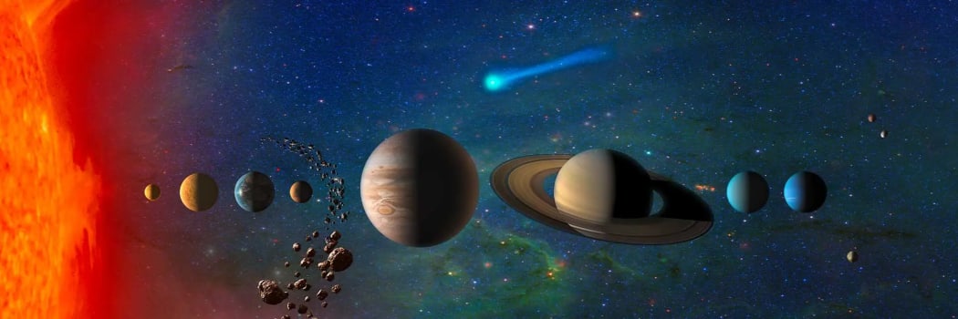 A digital image of Earth's home solar system which is home to eight planets and five officially recognised dwarf planets.