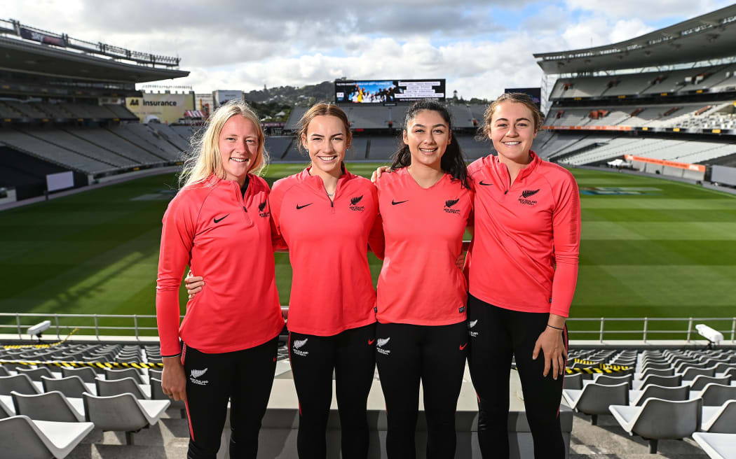 Kelly Brown, Mackenzie Barry, Saskia Vosker and Anna Leat. 
FIFA announcement for 2023 Women's World Cup Host Cities in Aotearoa New Zealand and Australia at Eden Park, Auckland, New Zealand on Thursday 1st April 2021.
Mandatory credit: Andrew Cornaga / www.photosport.nz