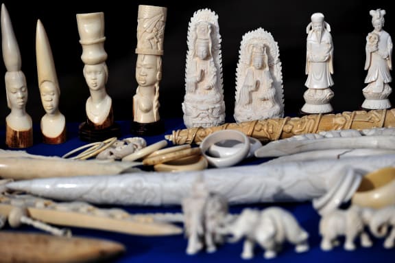 Ivory ornaments on display in London.