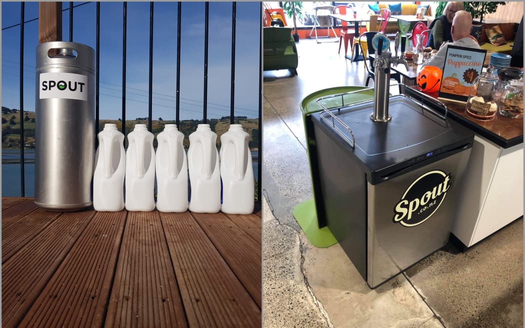 Spout kegs versus how many bottles it holds. Right: Spout keg in situ