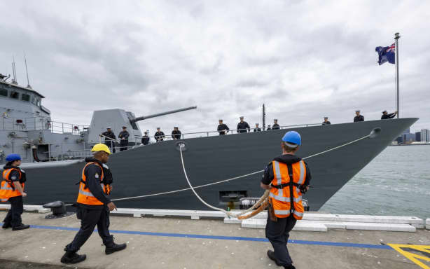 HMNZS Te Mana departs from Devonport Naval Base.