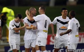 Team Wellington celebrate a goal at the 2015 Oceania Champions League.