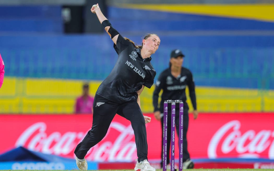 New Zealand's Rosemary Mair bowls a delivery.