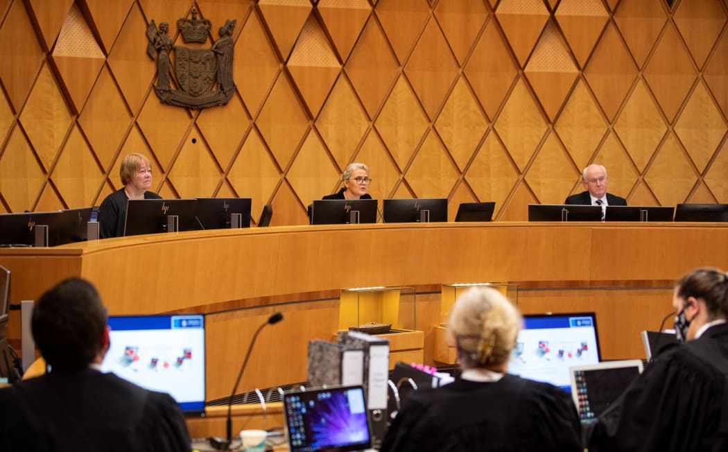 04/10/2021 JERICHO ROCK-ARCHER/POOL 
Supreme Court of Wellington - Peter Ellis 
(Left to right) Justice Susan Glazebrook, The Right Honourable Helen Winkelmann, Chief Justice, Justice Mark O'Regan