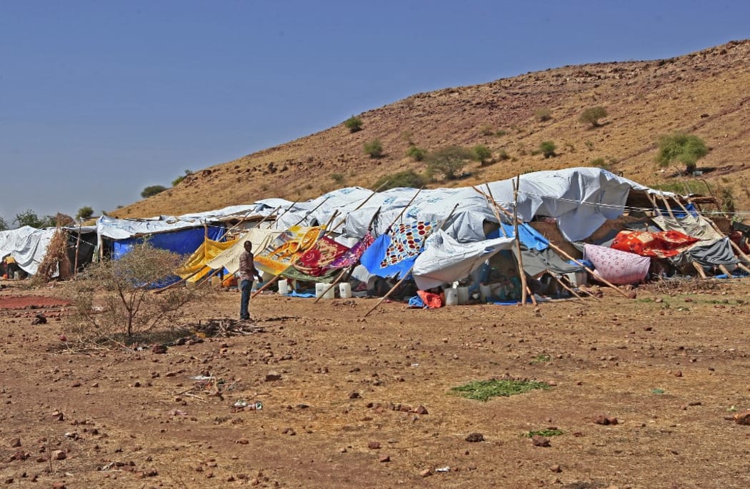 A make-shift shelter housing Ethiopian refugees who fled fighting in Tigray province, at the Um Rakuba camp in Sudan's eastern Gedaref province.