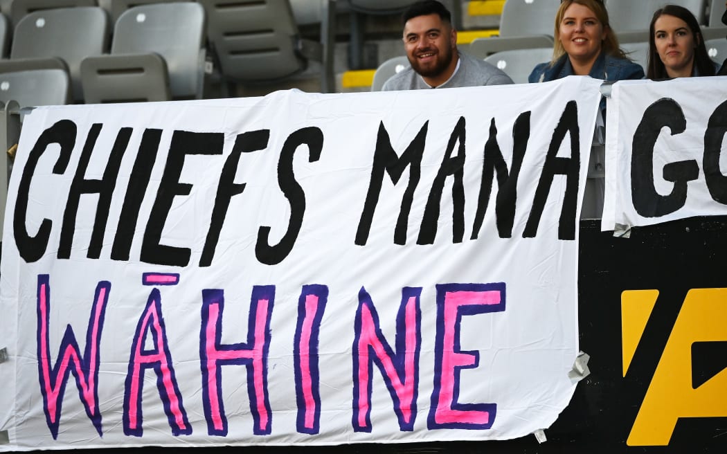 A banner supporting the Chiefs women in their match against the Blues in May.