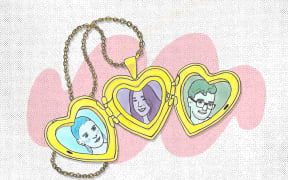 Illustration of locket with photos of three people - two women and a man.