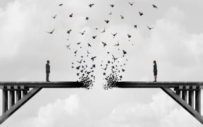 Divorce and separation as a couple on a broken fading bridge flying away as a divided relationship concept with 3D illustration elements.