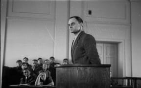 This file photo taken on March 3, 1948 shows Witold Pilecki testifying in court in Warsaw.
