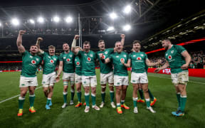 Autumn Nations Series, Aviva Stadium, Dublin 13/11/2021
Ireland vs New Zealand 
Ireland's Ronan Kelleher, Josh Van der Flier, Tadhg Beirne, Andrew Porter, Peter O'Mahony, Caelan Doris, Finlay Bealham, Hugo Keenan and Jack Conan celebrate after the game 
Mandatory Credit ©INPHO/Dan Sheridan