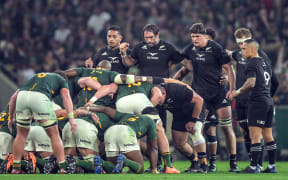 Sam Whitelock of New Zealand and Scott Barrett of New Zealand during the New Zealand All Blacks v South Africa Springboks rugby tests, 2022.