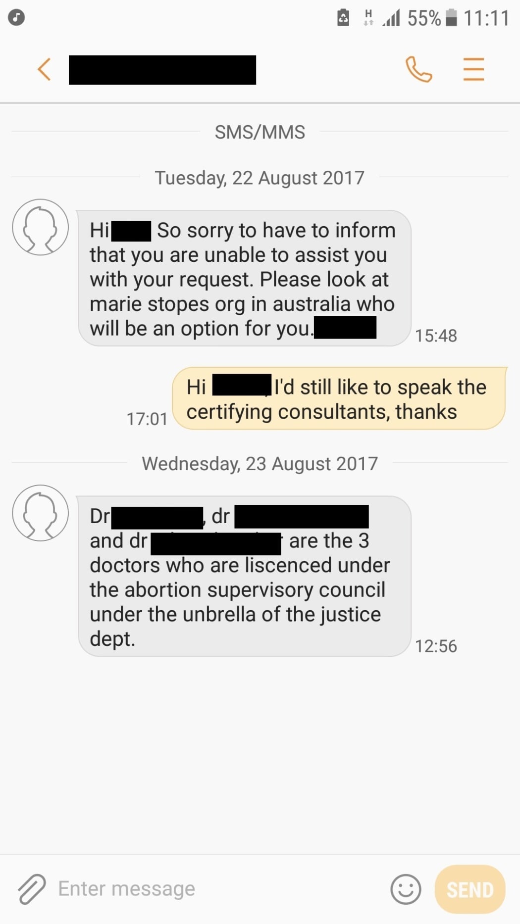 The text messages Kate received from a Waitematā DHB social worker.
