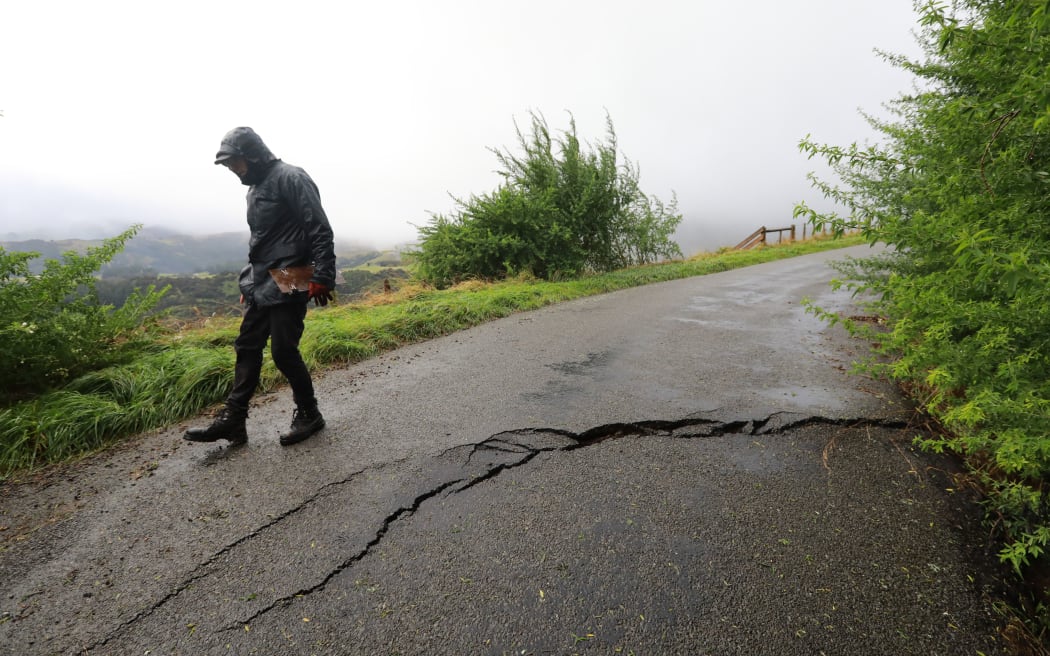 Cracks in Lighthouse Road, Akaroa which led to some houses being evacuated due to landslip fears.