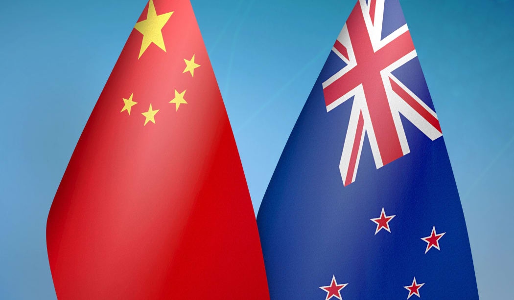 China and New Zealand two flags together blue background