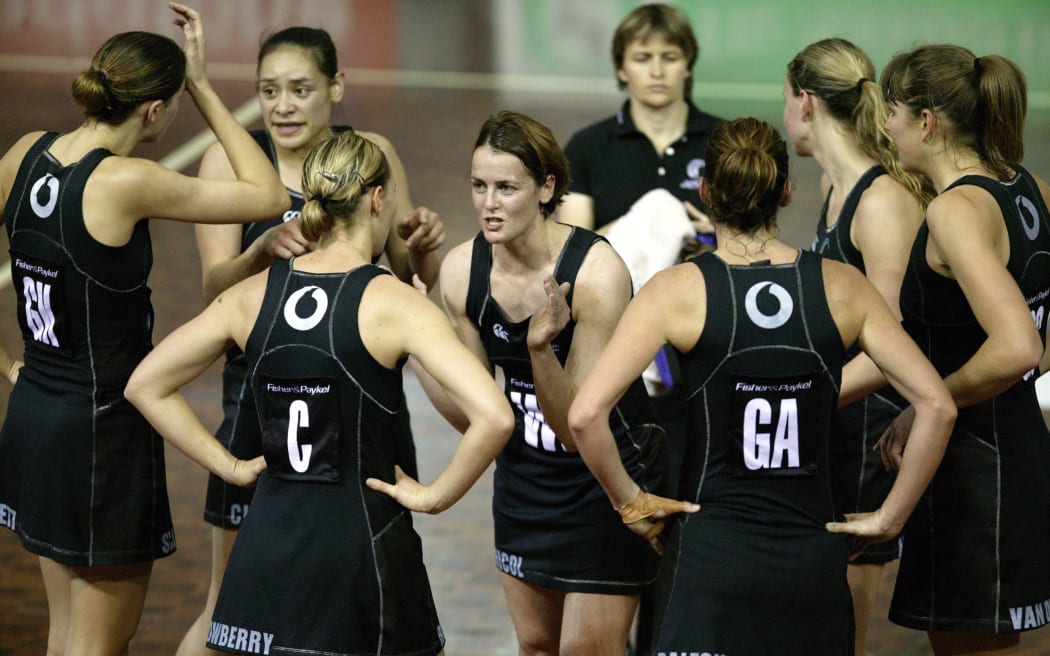 Lesley Nicol with team at half time. New Zealand Silver Ferns v England. International Netball. North Shore Events Centre, Auckland. New Zealand won the game 60-41. 13 June 2003. © Copyright Photo: Andrew Cornaga / www.photosport.nz