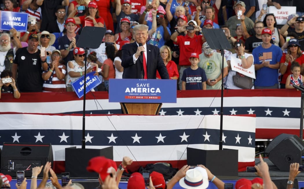 Former President Donald Trump speaks during his campaign-style rally in Wellington, Ohio, on June 26, 2021. -