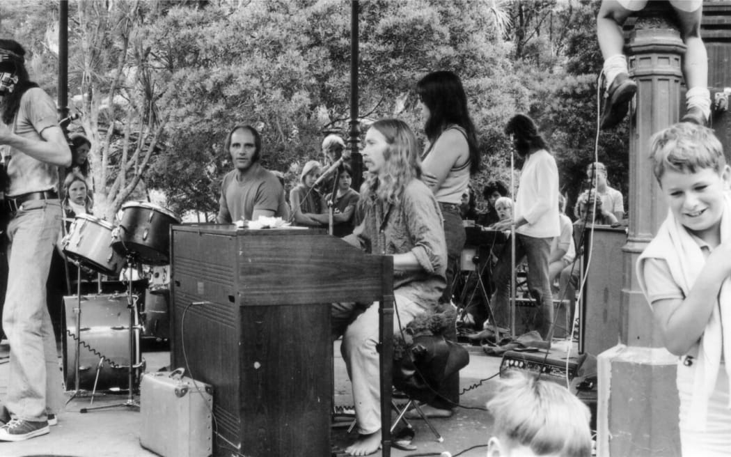 BLERTA kids show at Pukekura Park, New Plymouth on the first North Island tour, 1972. Corben Simpson (vocals), Bruno Lawrence (drums), Alan Moon (hammond organ), Beaver vocals and Chris Seresin keyboards.