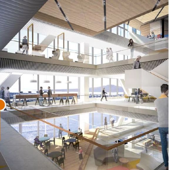 An artist's impression of the interior of the PwC Tower at Commercial Bay