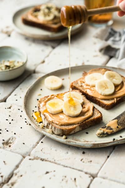 Peanut butter, banana and honey on toast.