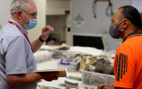 Palaeobiologist Dr Richard Holdaway discussing the moa bone sampling process with Te Ahu a Turanga Kaitiaki Terry Hapi at Te Manawa in Palmerston North.