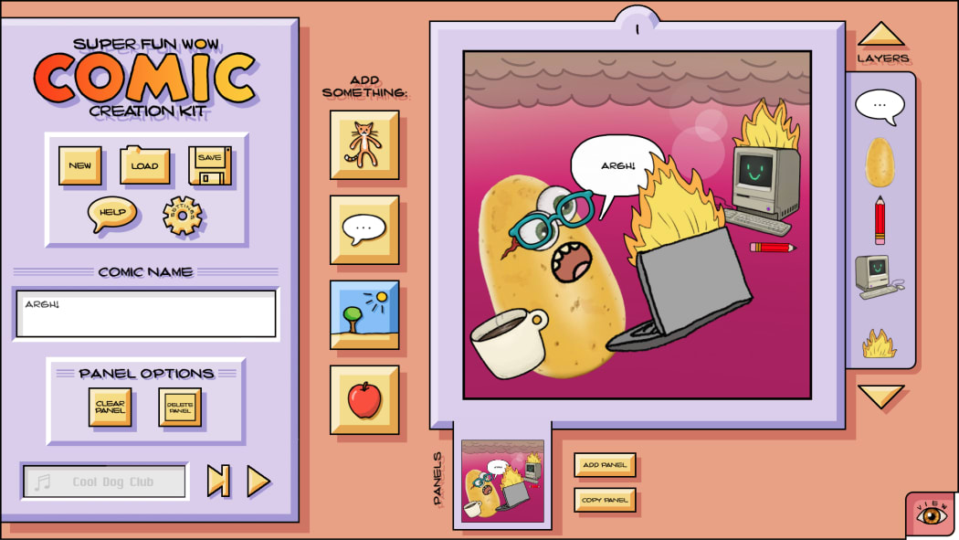 A screenshot of the Super Fun Wow Comic Creation Kit. A menu with options, next to a draft comic strip panel: a potato wearing sunglasses and holding a coffee, using a flaming computer, saying "ARGH!"