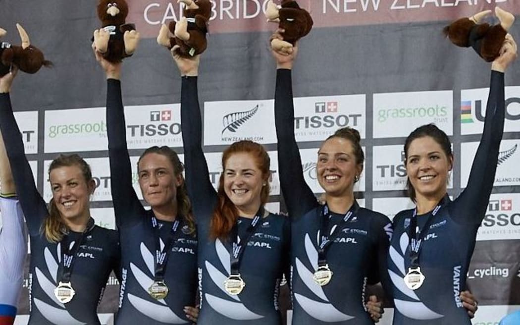 Bryony Botha (second from right) on the podium after winning the team pursuit at the 2019 World Cup in Cambridge.