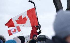 Canada, Montreal, 2022-02-12. Demonstration in support of the truckers of the so-called Freedom Convoy, whose epicenter is in Ottawa, the capital.