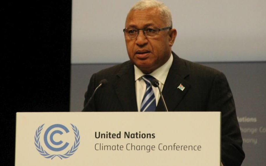 Fiji Prime Minister Frank Bainimarama addressing climate change talks consultations in Bonn, May 2017