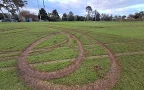 The damage caused to the rugby field at Kumeū.