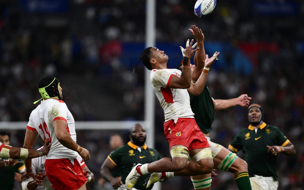 Semisi Tonga's number eight Semisi Paea jumps for the ball during the Pool B match between South Africa and Tonga at Stade Velodrome in Marseille, south-eastern France, on 1 October, 2023.
