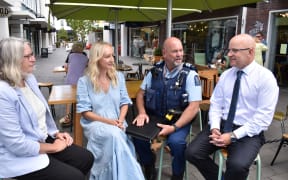 Discussing the features of the LifeKeepers initiative are (from left) Community Wellbeing Trust Manager Deirdre Ryan, Pegasus Health suicide prevention coordinator Elle Cradwick, local police officer Don Munro and Waimakariri MP Matt Doocey.