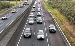 The protest convoy on the motorway at Hobsonville, as a car goes past the protest vehicles on the motorway shoulder.