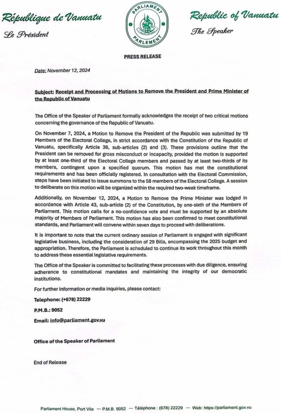 A statement from the Office of the Speaker of Parliament dated 12 November 2024 that was posted on the official Vanuatu Parliament Facebook Page on Friday 15 November 2024.
