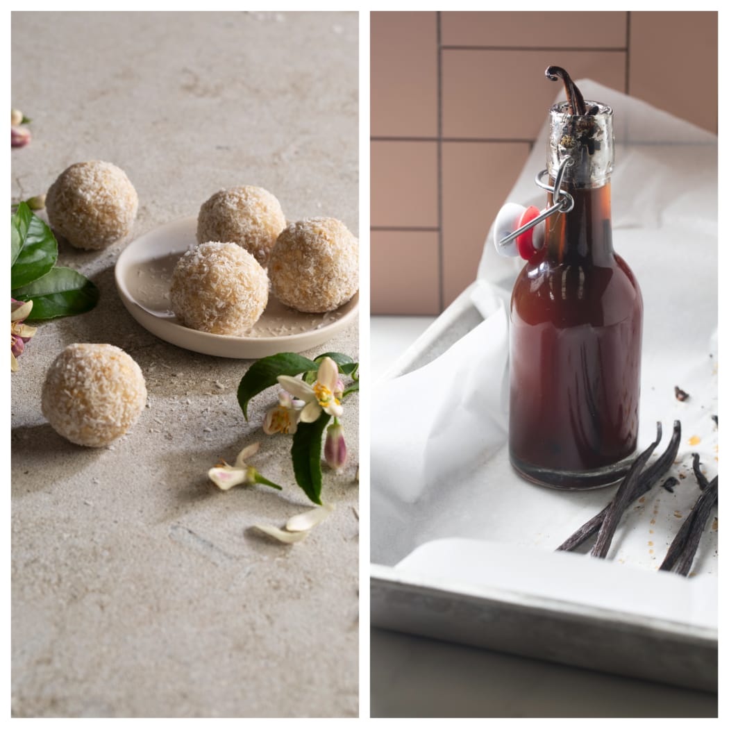 Lemon & Coconut Raw Ball (L) and homemade vanilla extract