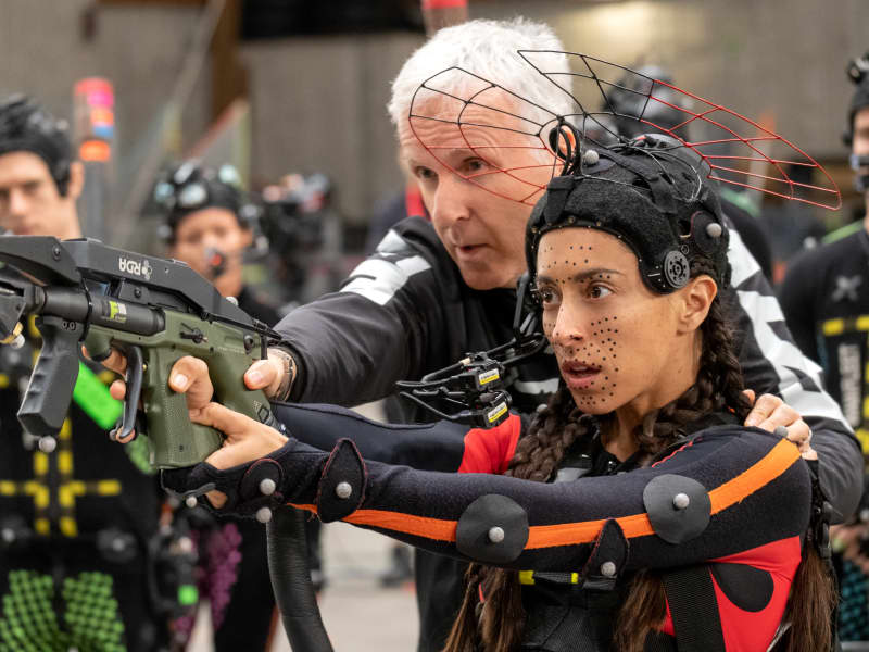 Director James Cameron and Oona Chaplin on the set of Avatar: Fire and Ash.