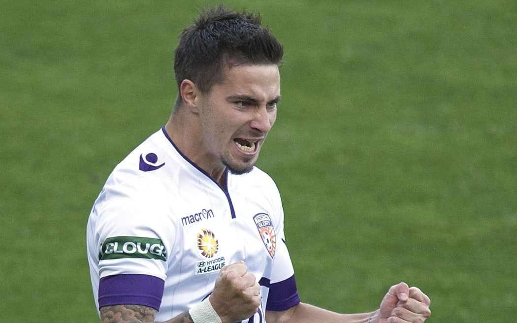 Brisbane's Jamie Maclaren celebrates a goal during the A-League.