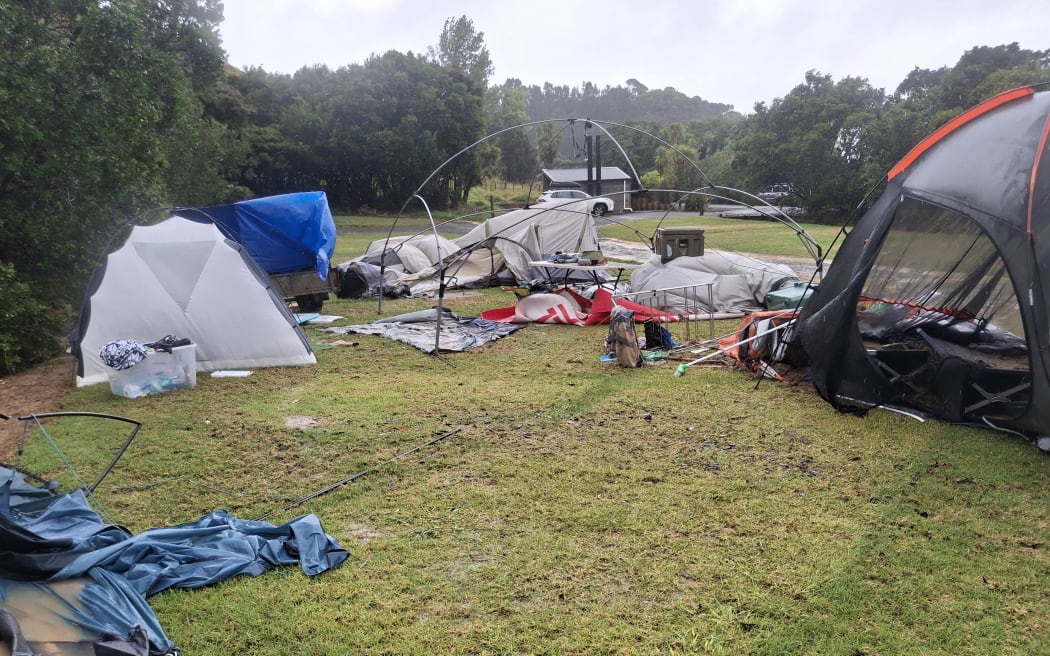 Tents were left broken and strewn across the Puriri Bay campground in Northland after heavy rain caused flooding on Saturday, 17 January 2026.