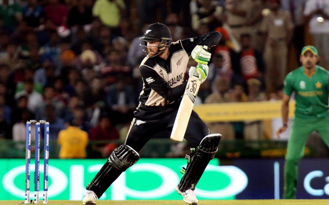 Black Caps Martin Guptill in action batting at the 2016 World Twenty20  against Pakistan at the IS Bindra Stadium  in Mohali, India.