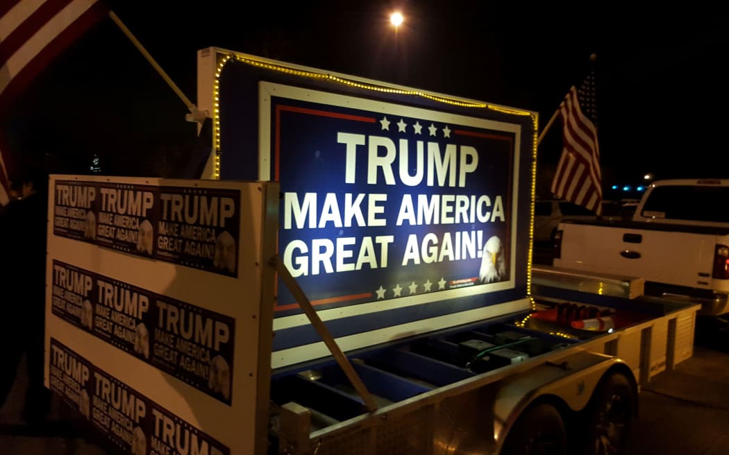 The sight greeting Trump supporters as they arrived at the post caucus party at a hotel in West Des Moines.
