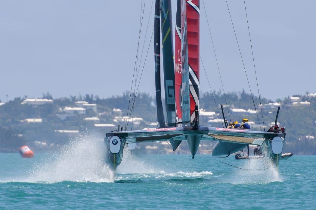 Emirates Team New Zealand skippered by Peter Burling during the Louis Vuitton Americas Cup Qualifiers, Day 4 of racing in The Great Sound of Hamilton, Bermuda on May 30th, 2017.