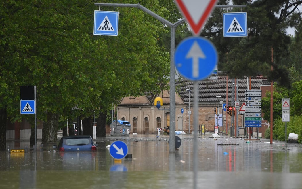 A flooded street in Cesena on 17 May, 2023 after heavy rains caused major flooding across Italy's northern Emilia Romagna region.