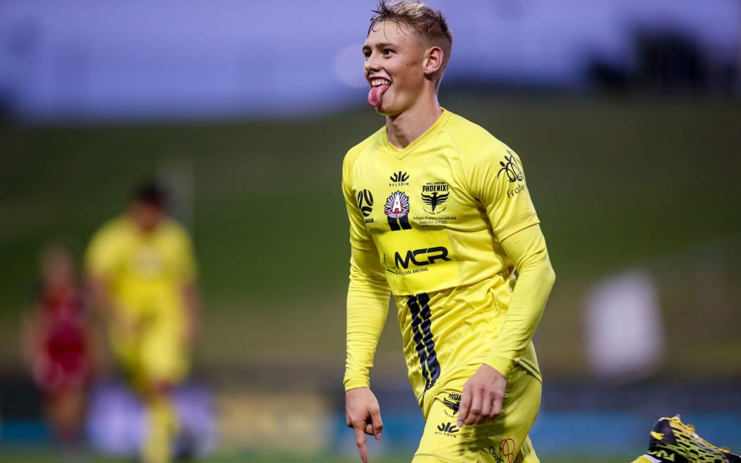 Ben Waine of the Phoenix celebrates after scoring during the A-League match against Adelaide United at WIN Stadium, Sunday 25th April 2021.