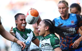 Shannon Mato celebrates a try for the Māori All Stars against the Australian Indigenous All Stars in Sydney, 2025. (Photo: NRL Photos / Brett Costello).