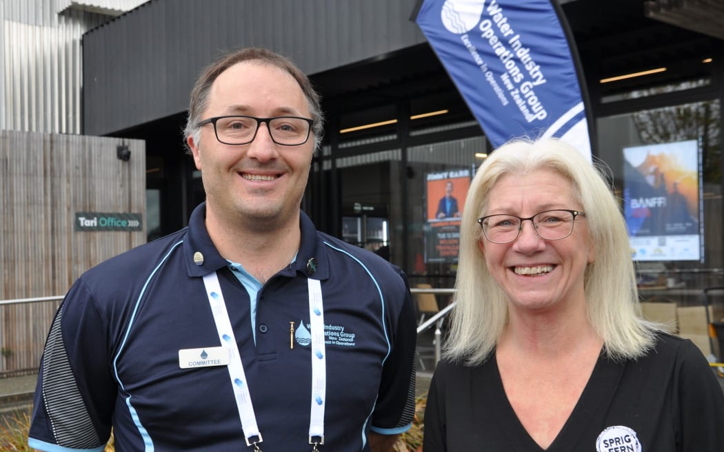 Water Industry Operations Group of New Zealand chair Joshua McIndoe, left, and Sprig + Fern Brewing Co owner and master brewer Tracy Banner.