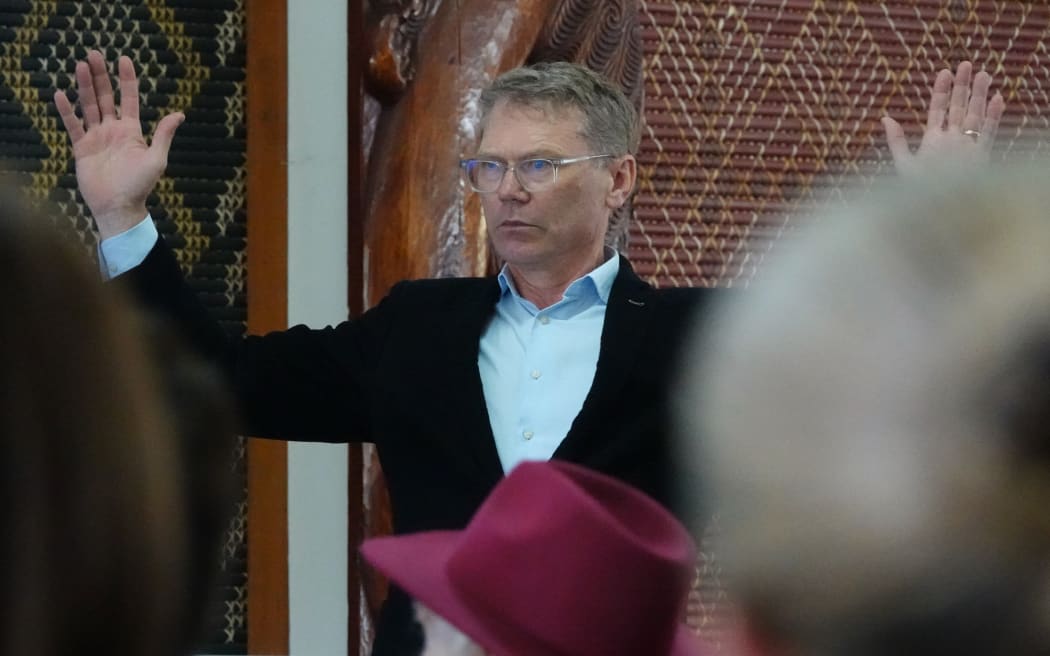 Treaty Negotiations Minister Paul Goldsmith addresses the hapū of Ngāpuhi at Whitiora Marae.